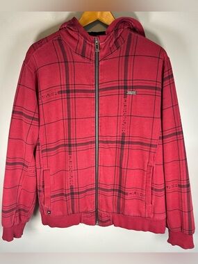 VTG Y2K Quiksilver Men’s Hoodie Full Zip Sweater Size S Fleece Lined Plaid Red